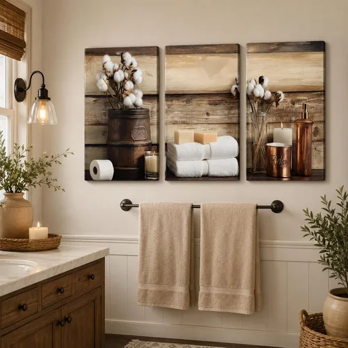 Vista 24 de KVTM 3 piezas de arte de pared de baño de granja, diseño de jabón fresco y bañera de agua, impresiones rústicas de flores en lienzo, arte estético