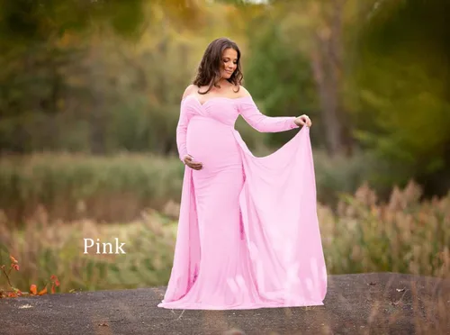 Vista 7 de ZIUMUDY Vestido de maternidad de manga larga con hombros descubiertos, vestido de gasa para sesión de fotos, baby shower