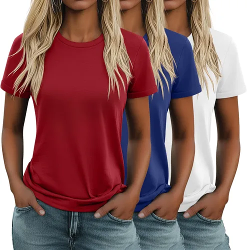 Vista 14 de Huukeay Paquete de 3 camisetas de algodón para mujer, estilo casual, de manga corta, cuello redondo, ajuste holgado, básica, lisa