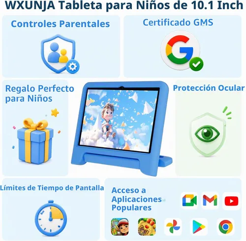 Vista 2 de WXUNJA Tablet Android 15 Kids 2025, tabletas actualizadas de 10.1 pulgadas con procesador Octa-Core, batería de 6000 mAh, espacio para niños