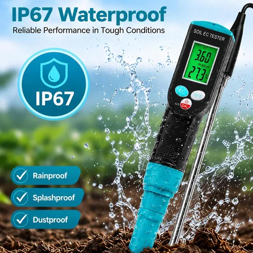 Vista 6 de Medidor digital EC de suelo 2 en 1 plantas porfesionales medidor de temperatura EC con sensor con cable, pantalla LCD retroiluminada, compensación