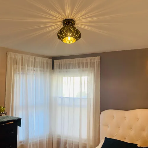 Vista 6 de Modern Geometric Ceiling Light, Black Metal Diamond Cage Design, Semi-Flush Mount, Industrial Style, E26, Matte Black with Gold Inside