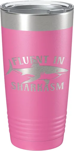 Vista 14 de Fluent in Sharkasm Tumbler Sarcasm Travel Mug Funny Shark Gift Insulated Laser Engraved Coffee Cup 20 oz Black