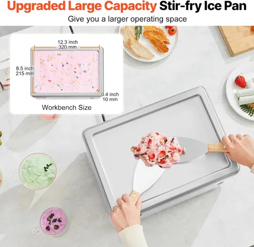 Vista 3 de VEVOR Máquina de helado frito, 12.6" x 8.5", 120 W, máquina para hacer rollos de helado salteado con compresor y 2 raspadores, para hacer rollos