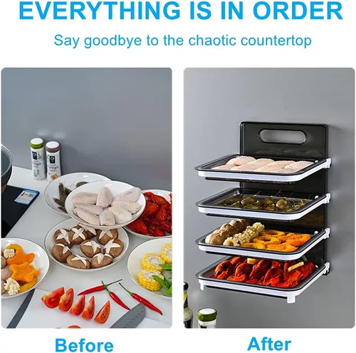 Vista 3 de Xicennego Organizador de ingredientes de cocina montado en la pared, 4 capas, sin BPA, juego de estantes plegables para cocina, organizador