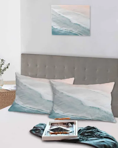 Vista 5 de DecorLovee Juego de 2 fundas de almohada de playa de verano, tamaño estándar, material de microfibra, oceánico, costero, aguamarina, beige, funda