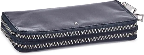 Vista 4 de Zinda Genuine Leathers Cartera de mujer con protección RFID larga con doble cremallera alrededor, Azul marinobeige, Cartera para mujer