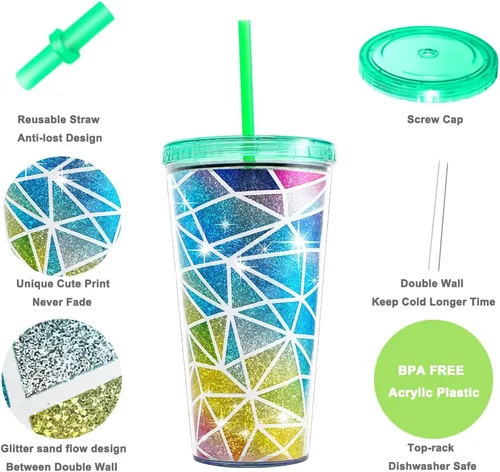 Vista 2 de Vaso de acrílico con aislamiento de doble pared con tapa y pajilla, 22 oz / 22.0 fl oz (colorido)