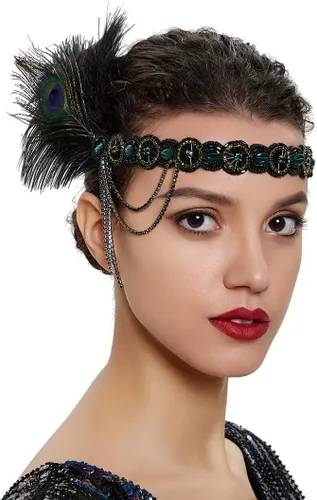 Vista 11 de Roaring 20s Great Gatsby - Diadema estilo flapper para mujer, estilo Art Deco de los años 20, con plumas A azul