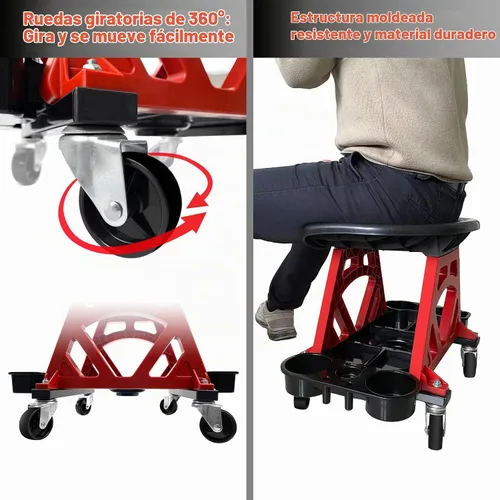 Vista 5 de ROBLOCK Silla Taburete Mecánico Duradero con Ruedas, Asiento Rodante de Servicio Pesado para Taller de Garaje, Creeper para Detallado de Autos