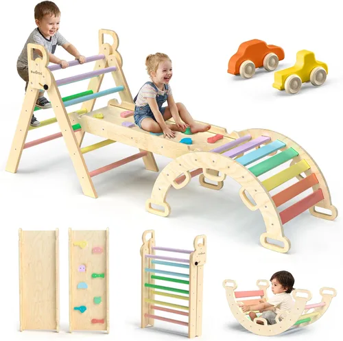 Vista 8 de BlueWood Pikler - Juego de triángulos 7 en 1 plegables, juguetes de escalada Montessori de madera con arco y rampa y escalera, escalador para bebés