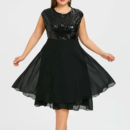 Vista 2 de XUNRYAN Vestido de lentejuelas brillantes para mujer, talla grande, de gasa, sin mangas, vestido formal de cóctel, noche, fiesta, baile