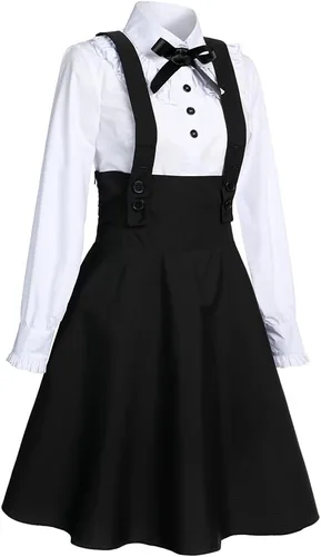 Vista 2 de Overol de vestido de Lolita negro para mujer, talla grande, acampanado, cintura alta, conjunto de falda de anime, trajes de sirvienta de anime