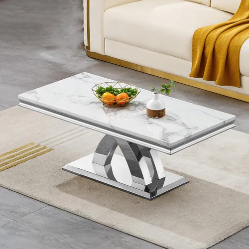 Vista 68 de SSLine Mesa de Centro Rectangular de Mármol Sintético para Sala de Estar, Mesa Central Moderna de Mármol Blanco de Lujo con Base Doble en Forma de U