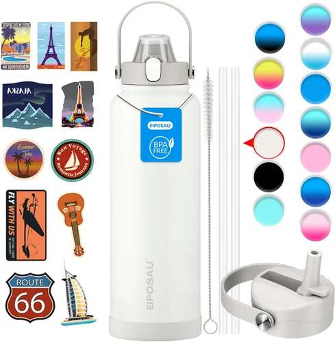 Vista 34 de Botella de agua aislada con tapa, bota y calcomanías, botella de acero inoxidable de 24 onzas, sin sudor, mantiene el frío las 24 horas, botella