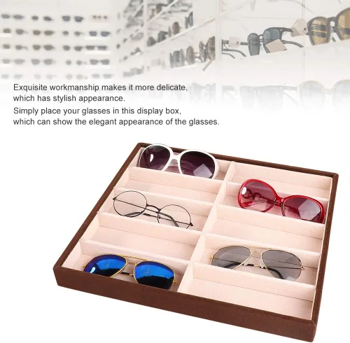 Vista 4 de Cyrank Caja de 10 rejillas para lentes de sol, organizador de lentes de sol, bandeja de almacenamiento para lentes de sol, organizador de terciopelo