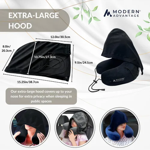 Vista 6 de Modern Advantage Almohada inflable de viaje para aviones con capucha cómoda, soporte ajustable para el cuello, almohada ligera y compacta para Negro