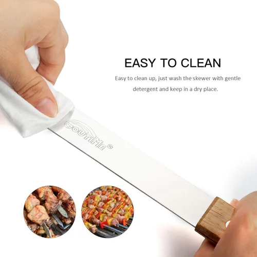 Vista 6 de Goutime Kabob - Brochetas de 23 pulgadas de largo, 1 pulgada de ancho de acero inoxidable para asar a la parrilla con mango de madera para hacer