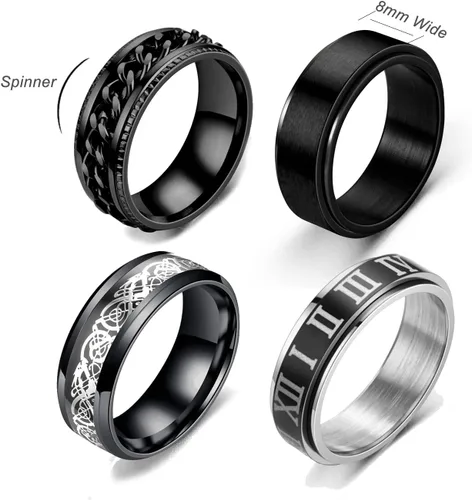 Vista 2 de HUXICUI 4-Pcs Wedding Band Ring Set for Men Womens Fidget Spinner Rings for Anxiety Stress Relief Black Engagement Ring Set