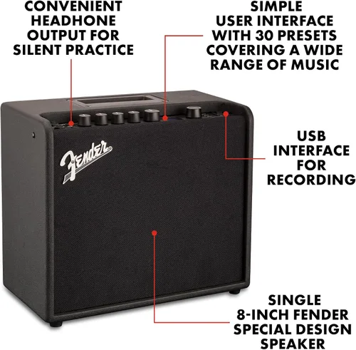 Vista 2 de Fender Mustang LT25 Amplificador de guitarra, amplificador combinado de 25 W, con 2 años de garantía, 30 efectos preestablecidos con interfaz