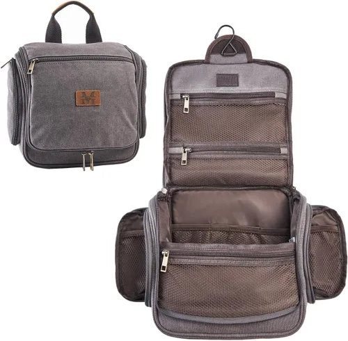 Vista 7 de Neceser de lona colgante organizador de maquillaje con gancho de metal resistente, kit de afeitado de viaje, bolsa de cosméticos portátil a granel