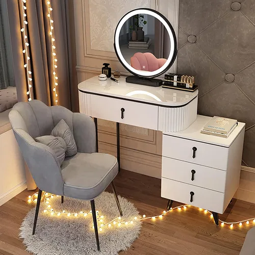Vista 16 de Juego de tocador grande con luces LED, mesa de tocador de maquillaje con gabinete ajustable y taburete acolchado, 3 modos de iluminación, tocador
