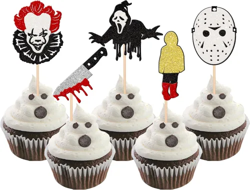 Vista 25 de 1 pieza de decoración de pastel de cumpleaños con purpurina montada con purpurina clásica de Halloween para torta de terror sangrienta temática