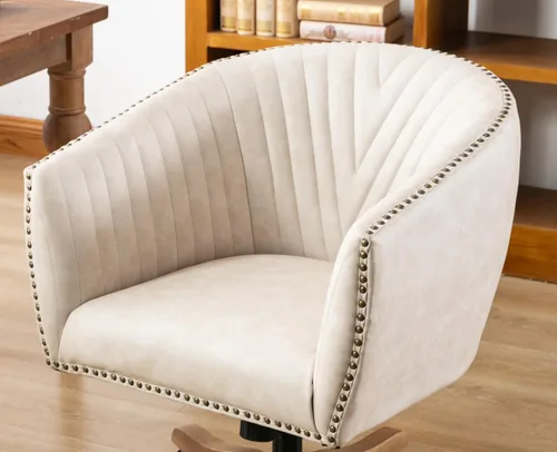 Vista 6 de Silla de escritorio de piel sintética beige, silla de escritorio tapizada giratoria con brazo ajustable con cabezas de clavos, cómoda silla