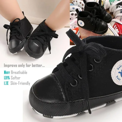 Vista 2 de Zapatos de lona para bebés recién nacidos, suela suave, para los primeros pasos, zapatos planos para niños pequeños, zapatos de mezclilla unisex