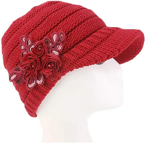 Vista 18 de C-US - Gorro de punto cálido para mujer, con visera de ganchillo con acento de flores