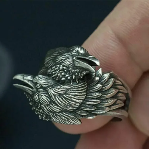 Vista 4 de BAVAHA new store - Anillo de acero inoxidable 316L para hombre, dos cuervos entrelazados, mitología nórdica, color plateado, anillos de acero