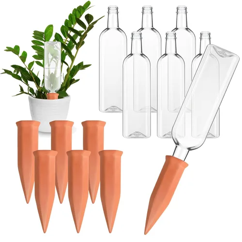Vista 7 de Dandat 8 Piezas 34oz Dispositivos de Riego de Plantas Incluyen Picos de Riego Automático de Terracota con Botellas de Plástico de Liberación Lenta
