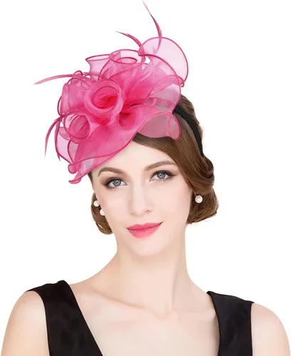 Vista 3 de Sombrero del Derby de Kentucky 2025 para mujeres y damas, tocado de plumas de velo de organza para fiesta de té, iglesia, protección UV, sombrero