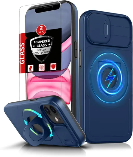 Vista 32 de Funda magnética para iPhone 11 Pro compatible con carga inalámbrica MagSafe, con 2 protectores de pantalla, anillo kickstand de 360° integrado +
