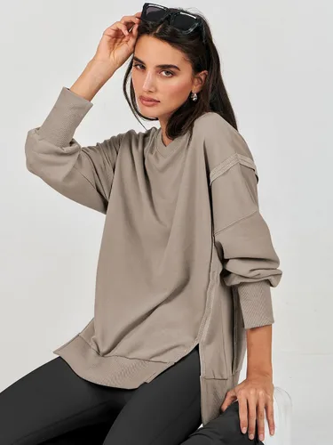 Vista 6 de Caracilia Sudadera de gran tamaño para mujer, cuello redondo, manga larga, sudadera con capucha, ropa de otoño a la moda