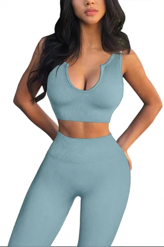 Vista 4 de QINSEN Conjuntos de entrenamiento para mujer, 2 piezas, acanalados, sin costuras, sin mangas, cintura alta, leggings de yoga