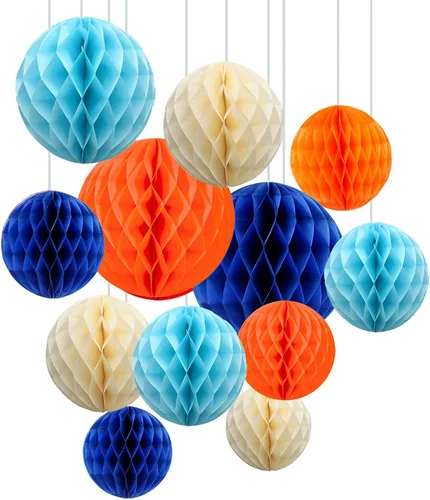 Vista 6 de ZOOYOO 12 piezas 15 cm 25 cm bolas de panal decorativas de papel de seda con pompones colgantes para cumpleaños, baby shower, boda, compromiso, Azul