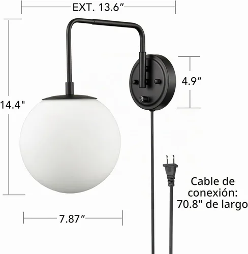 Vista 7 de DAYCENT Apliques de pared enchufables de granja, con brazo oscilante, color negro, iluminación de pared con interruptor de encendido/apagado, cable