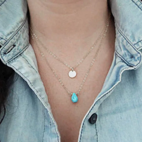 Vista 4 de Jovono Collares de turquesa azul con dije de lentejuelas multicapa para mujeres y niñas