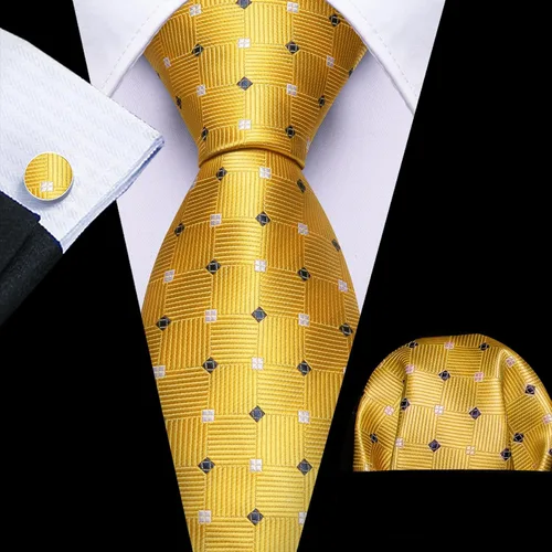 Vista 188 de Barry.Wang Juego de corbatas a cuadros para hombre con pañuelo gemelos de rayas clásicas