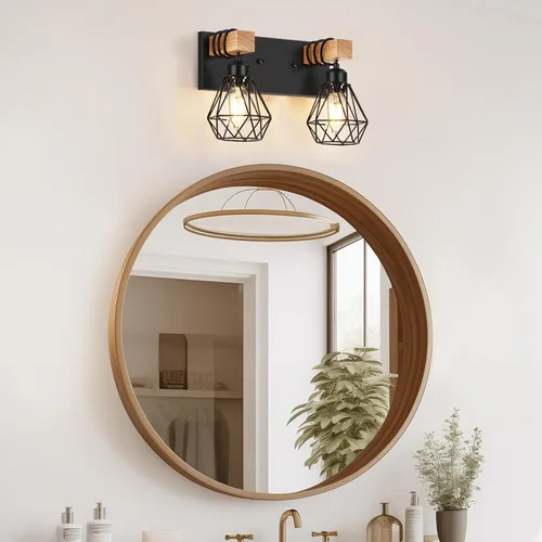 Vista 7 de FadimiKoo Aplique de pared de baño de madera de estilo rústico de 2 luces, accesorio de iluminación de tocador de granja para baño, lámpara de pared