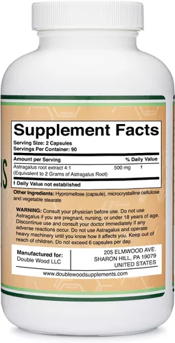 Vista 4 de Double Wood Supplements Astrágalo estimulante inmune 500 mg 180 cápsulas - Rico en flavonoides y polisacáridos - Sin OMG, sin gluten, probado por