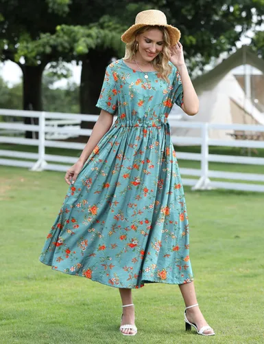 Vista 2 de YESNO - Vestidos casuales de verano para mujer, manga corta, floral, bohemio, largos, cinturón, para playa, E68