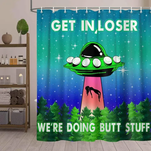 Vista 3 de MERCHR Funny UFO Shower Curtain for Bathroom, Unique Fun Alien Blue Space Starry Sky Forest Fabric Shower Curtains Set, Weird Restroom Decor