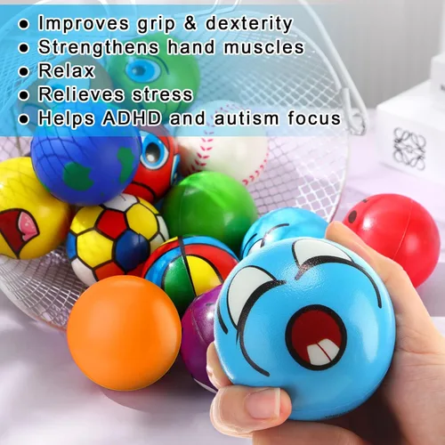 Vista 4 de Liliful 72 mini bolas antiestrés a granel para adultos, juguetes sensoriales de espuma para recuerdos de fiesta, premios de aula, bolsas de regalos