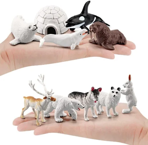 Vista 2 de OUKEYI Juego de mini figuras de animales árticos, 18 piezas de juguete para niños pequeños, reno de plástico realista, ballena blanca, oso polar