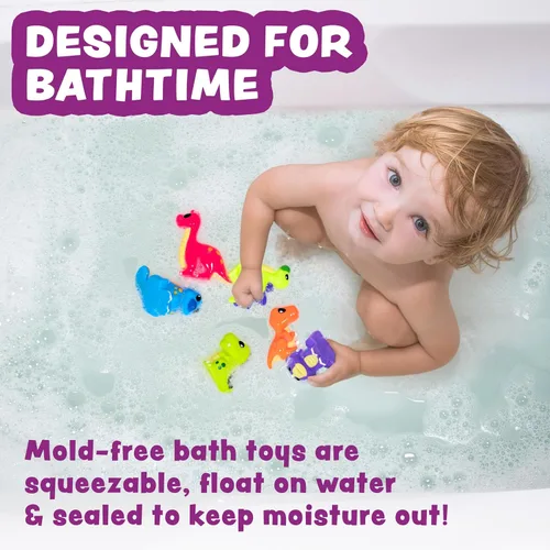 Vista 2 de Tub Works® Juguetes de baño de dinosaurio sin moho, paquete de 6 Diseño de juguetes de baño sellados sin agujeros que mantiene la humedad fuera