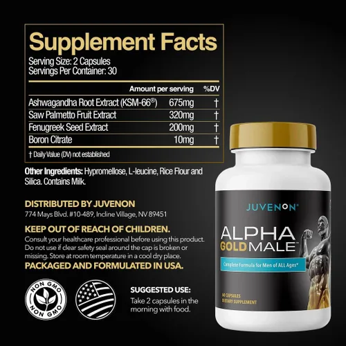 Vista 4 de Juvenon Alpha Gold - Potenciador de testosterona masculina para hombres, soporte T y vitalidad masculina con Ashwagandha KSM-66 + fenogreco +