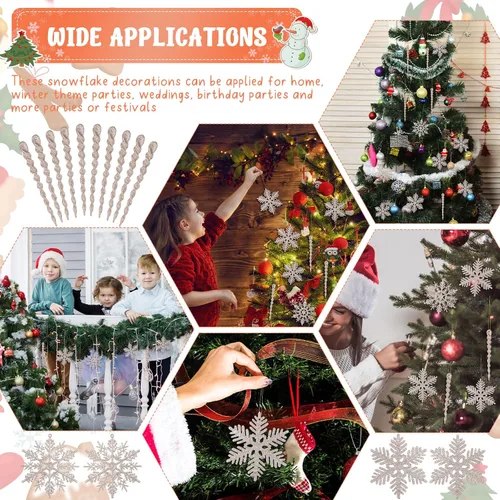 Vista 6 de Deekin 72 piezas adornos de carámbano de copo de nieve para árbol de Navidad, carámbanos torcidos de copo de nieve con purpurina, decoraciones