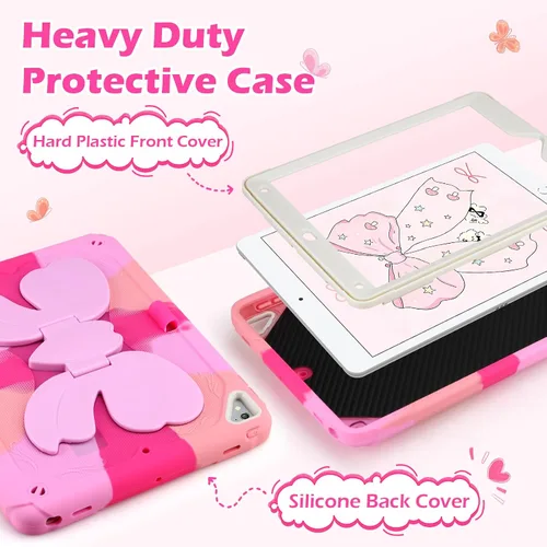 Vista 3 de VOFUOE Funda para iPad de 6ª/5ª generación para niños y niñas, funda para iPad de 9.7 2018 2017 con soporte de lazo, correa para el hombro, soporte